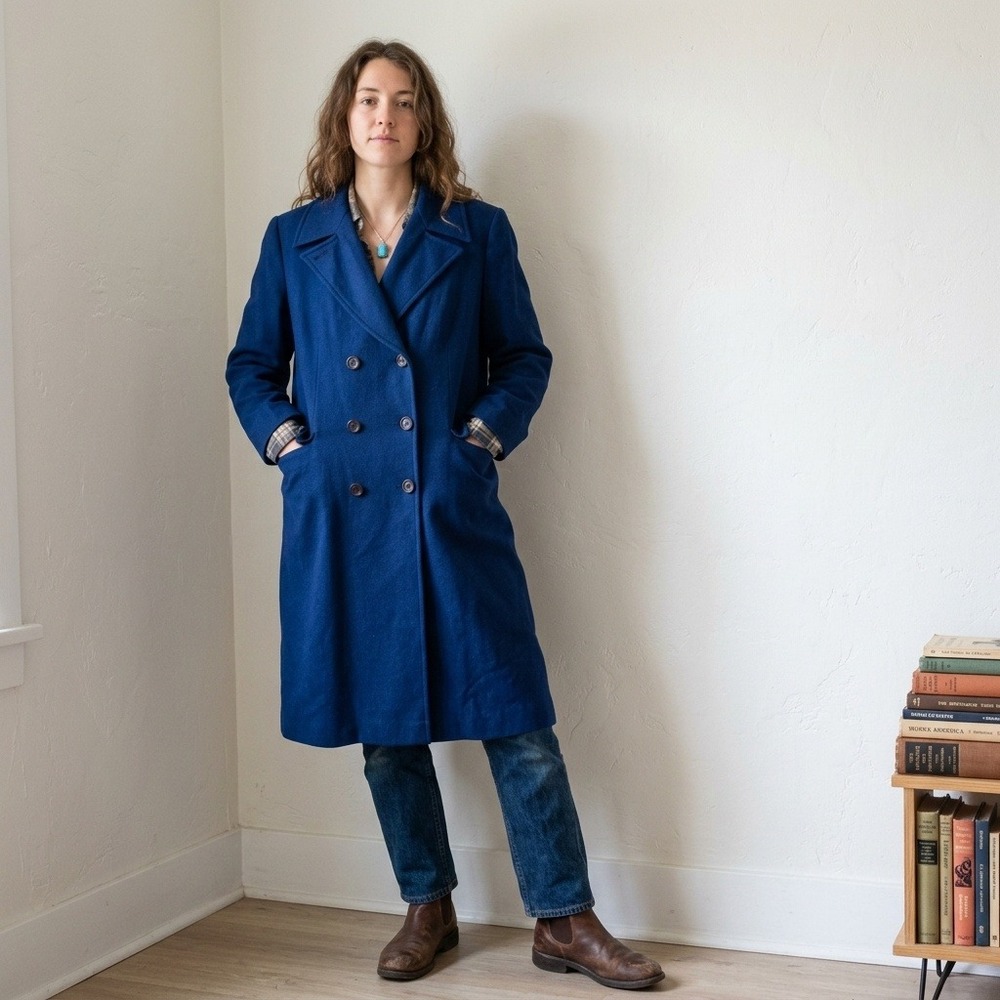 Vintage 80s Pendleton Womens Coat 10 Blue Double Breasted Wool Overcoat Academia